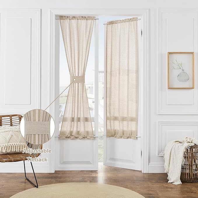 Linen French Farmhouse Door Curtains 2 Panels W25 x L72 Dual Rod Pocket Semitransparent Sliding Door Curtains with Tieback for Privacy Protection Light Filtering Light Coffee