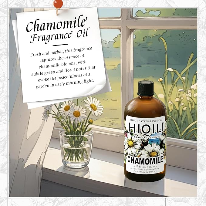 HIQILI Chamomile Fragrance Oil for Candle, Soap Making - 5.07 Fl Oz | Use in Essential Oil Diffusers, Add to Body Lotion, Laundry Dryer Balls, Long-Lasting Scent, Graduated Dropper Included