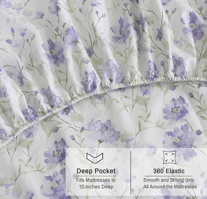 RUVANTI 100% Cotton Organic Percale Sheets Queen Size – Crisp Cooling Bed Sheets for Hot Sleepers, Deep Pocket 15”, Soft Peach Finish, Breathable & Durable Hotel-Style 4 Pcs, Heather