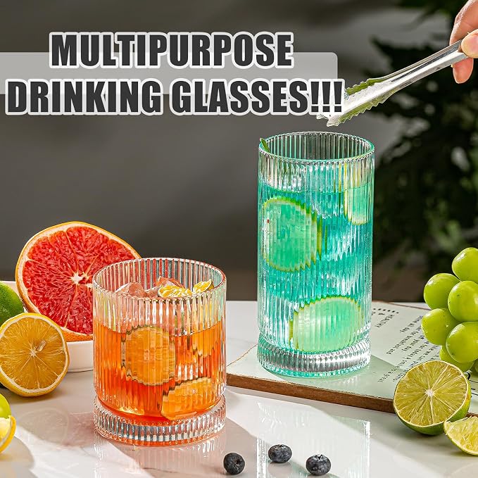 Drinking Glasses, Set of 8 Origami Style Glass Cups-4 Highball Glasses 15oz & 4 Rocks Glasses 12oz, Mojito Cups, Cocktail Glass, Elegant Ripple Vintage Glassware for Cocktail, Beer, Whiskey