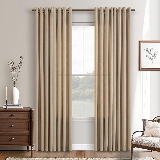 Burlap Linen Curtains 80 Inches Long for Living Room 2 Panels Set Drapes Semi Sheer Light Filtering Boho Farmhouse Neutral Floor Ceiling Window Curtains 80 Inch Length Tan Brown Dining Room Bedroom