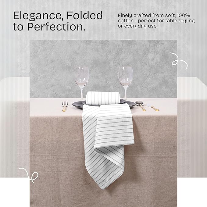 Ash Grey Stripe Cloth Napkins Set of 12, 18x18 Inch, 100% Cotton, Reusable and Washable Fabric, Soft, Classic Striped Table Dinner Napkin for Everyday Dining, Luncheon, Formal Events