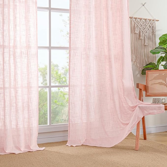 LAMIT Pink Linen Curtains for Living Room 96 Inches, Back Tab and Rod Pocket Semi Sheer Panels Light Filtering Farmhouse Drapes for Bedroom/Girl's Room, Set of 2, 52 x 96 Inch