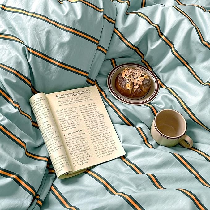 mixinni Retro Mint Blue Striped Duvet Cover Set - 100% Natural Cotton 3-Piece Vintage Stripes Pattern Printed Bedding Set, Soft Breathable Comforter Cover with Zipper & Ties, Twin XL Size