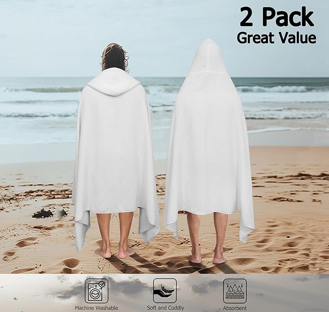COTTON CRAFT Hooded Bath Towel – 2 Pack Oversized 35x70 Waffle Weave Towel with Hood for Adults - 100% Ringspun Cotton Pool Bath Sheet Wrap with Hood - Soft Super Absorbent Quick Dry – 450 GSM – White