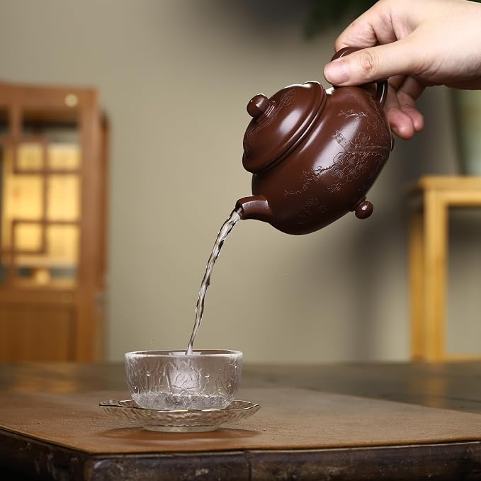 Zisha Teapot, Chinese Yixing Clay Handmade Tea Pot 11 Oz, Infuse Brew Kung Fu Loose Leaf Tea Maker (SanzuMeihua,Purple Clay)