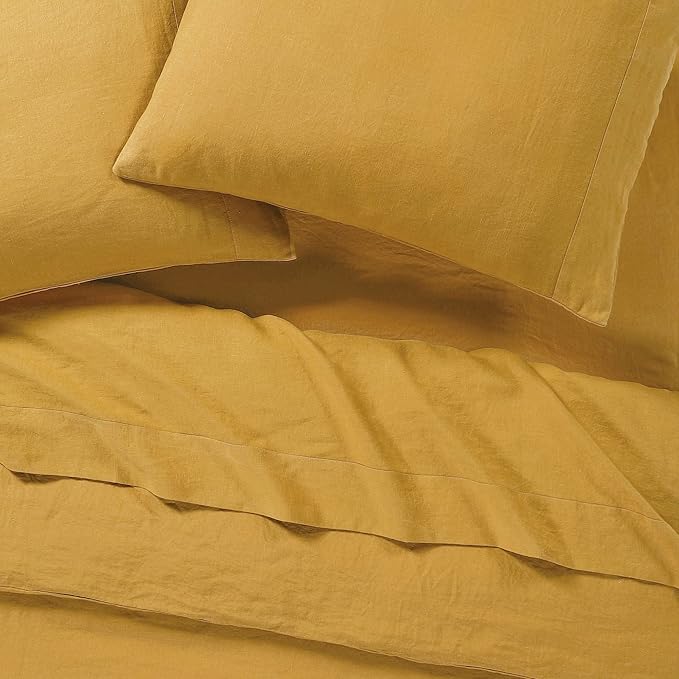 SIJO Premium Stone Washed Organic French Linen Duvet Cover, GOTS Certified Organic, Small Batch Sourced from Normandy, Best Cooling Linen Sheet Award by Sleep Foundation (Turmeric, Full/Queen)