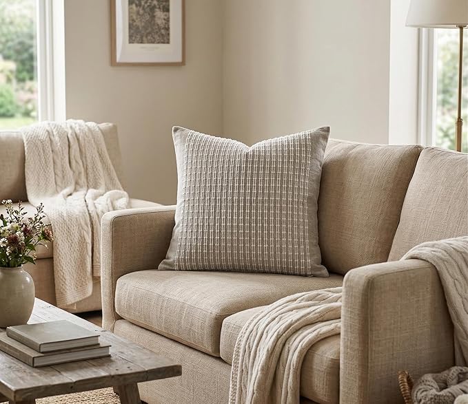 SanVia Cotton Throw Pillow Covers 20x20 – Handwoven Jacquard Texture, Fade-Resistant, No Pilling – Hidden Zipper, Decorative Cushion Cover for Sofa, Couch, Bed – Insert Not Included (Striped, Grey)