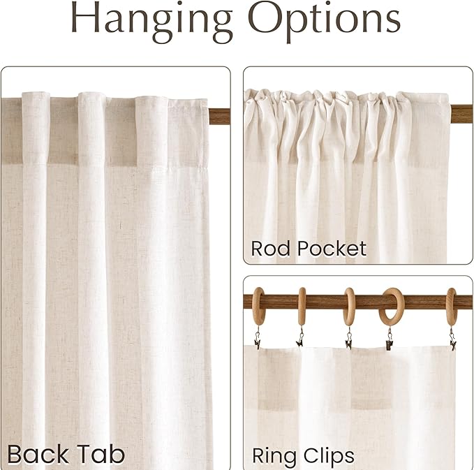 NICETWON Linen Curtains for Living Room, Rod Pocket & Back Tab Semi Sheer Window Treatments Light Filtering Drapes Privacy for Bedroom, Vannila, W55 x L96, 2 Panels