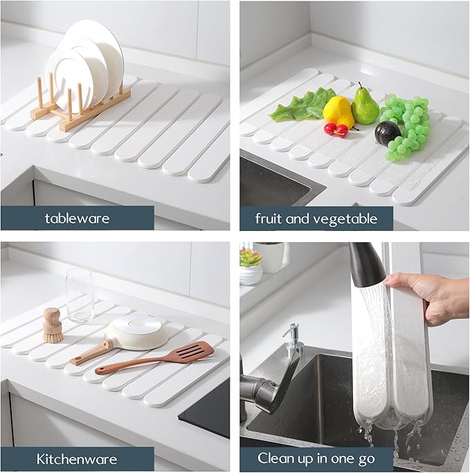 Large White Stone Dish Drying Mats for Kitchen Counter, Quick Dry Collapsible Eco-Friendly Super Absorbent Diatomaceous Earth Heat-resistant Mat for Dishes Bottles Cups, Match Any Countertop 24"×16"
