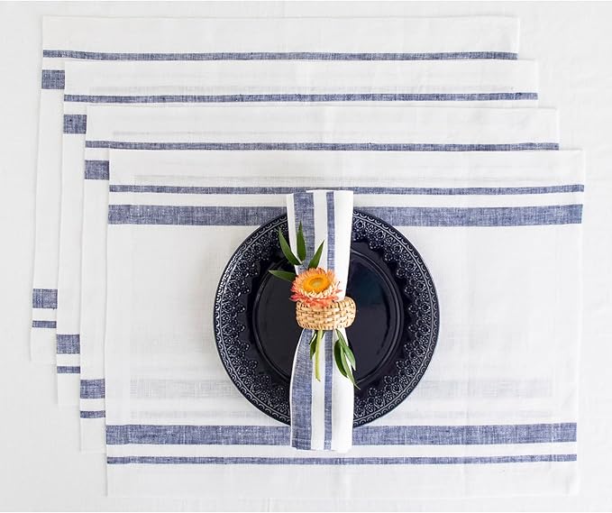 Solino Home Linen Placemats Set of 4 - French Stripe Navy and White Placemats 14 x 19 Inch - 100% Pure Linen Table Mats for Summer, 4th of July