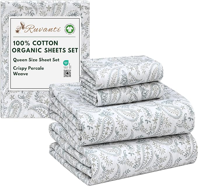 RUVANTI 100% Cotton Organic Percale Sheets Queen Size – Crisp Cooling Bed Sheets for Hot Sleepers, Deep Pocket 15”, Soft Peach Finish, Breathable & Durable Hotel-Style 4 Pcs, Ornate Oasis