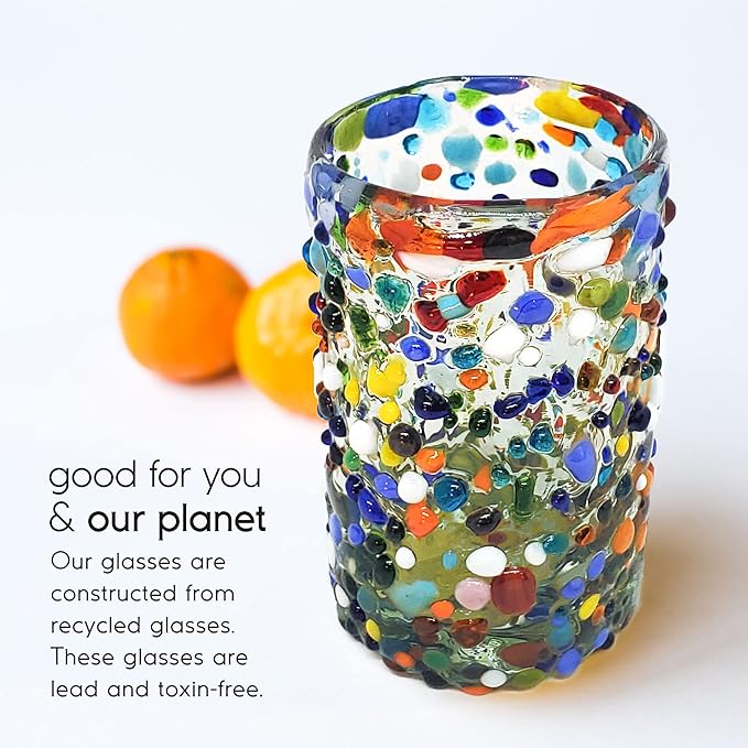 Confetti Rocks 9 oz Juice Glasses (set of 6) Mexican Handmade Multicolor Glassware, Recycled Glass, Lead-free, Toxin-Free (Juice)