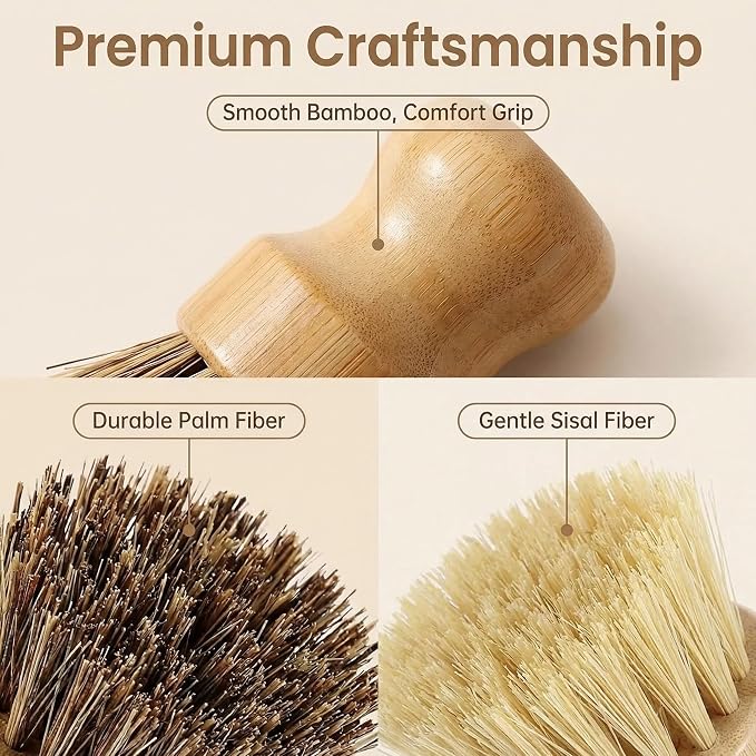 Bamboo Dish Brush Set – Natural Bamboo Brush with Sisal & Palm Bristles for Non-Stick Cookware, Pots, Vegetables, and Kitchen Cleaning - Eco-Friendly Vegetable Brush（2PCS）