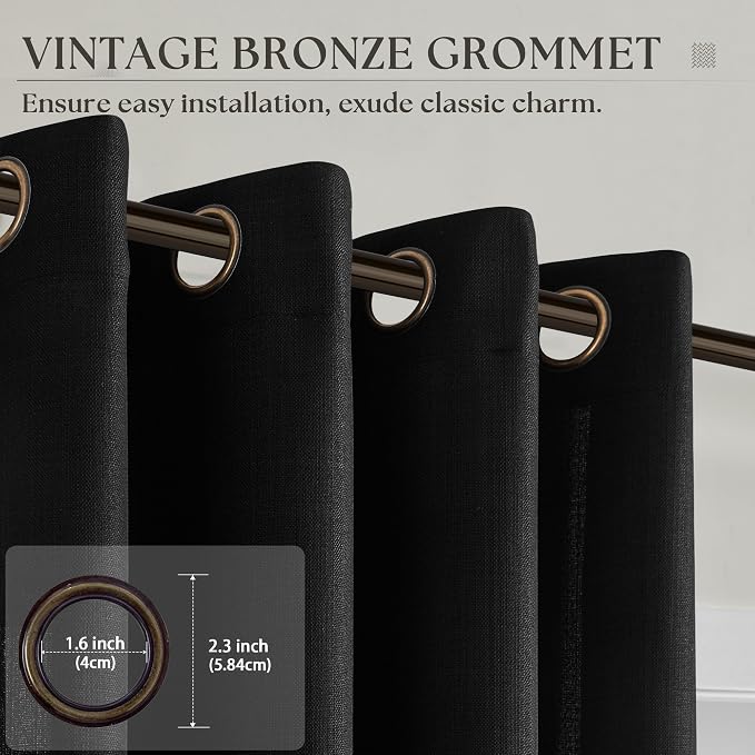 Black Bedroom Curtains 63 Inch Length 2 Panel Faux Linen Blend Privacy Light Filtering Semi Sheer Black Linen Drapes for Living Room Modern Farmhouse Grommet Window Curtain for Home Office 52x63