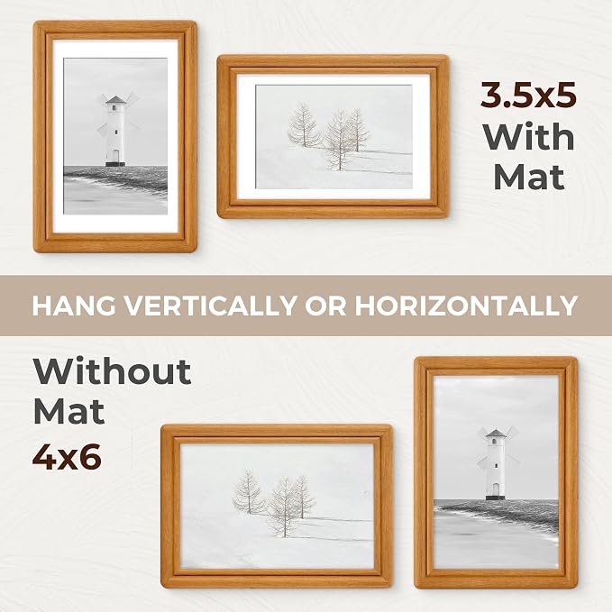 4x6 Picture Frame with Mat for 3.5x5, USA-Sourced Natural Teak Wood Handcrafted Rounded Corner with HD Tempered Glass, 4 x 6 Photo Frames Gallery Wall & Tabletop, Vertical or Horizontal Display