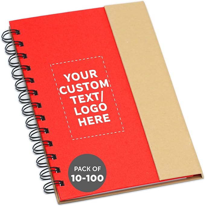 DISCOUNT PROMOS Custom Eco Friendly Spiral Notebooks with Pens Set of 10/50/100, Personalized Bulk Pack - Perfect for School, Office, Home - Red
