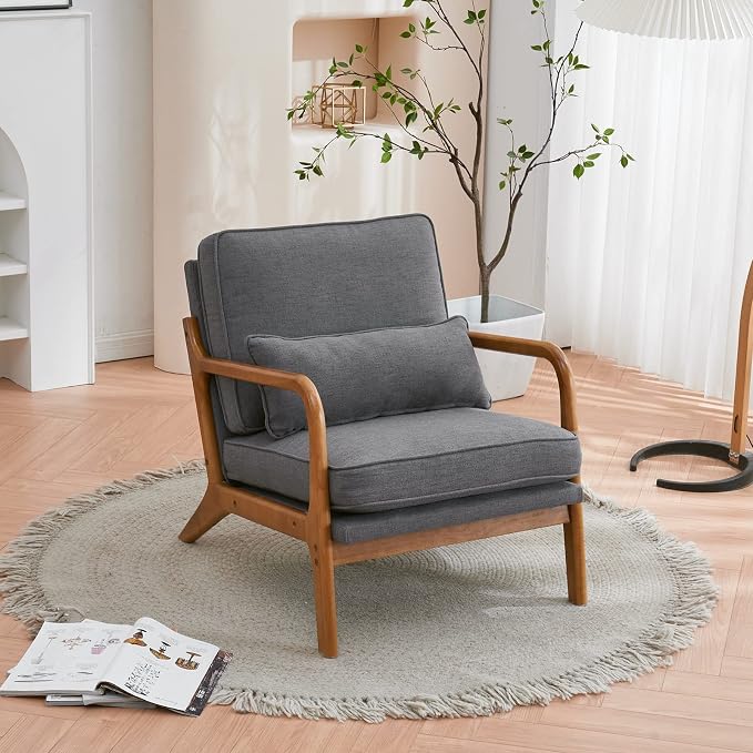 Karl home Mid-Century Modern Accent Reading Chair, Grey | Linen Upholstered, Solid Wood Frame, Soft Cushion, Lumbar Pillow, Lounge Armchair for Living Room, Bedroom, Balcony, Study