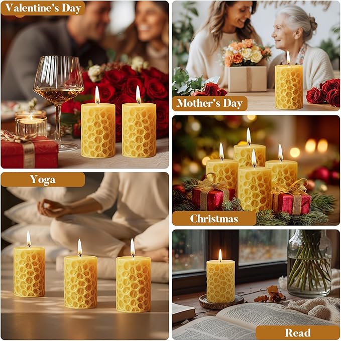 Ashlux Beeswax Pillar Candles 3x4 inch, 100% Pure Beeswax Candles-116 Hours Long Burning, Unscented and Dripless Pillar Candles Bulk for Christmas Lights,Wedding,Parties, Spas,Home Decorative