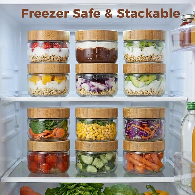 6oz Glass Jars with Airtight Lids - 6 Pack Overnight Oats Containers with Bamboo Lids, Small Food Containers with Measurement for Yogurt, Salad, Chia, Wide Mouth Mason Jar with Lid for Food Storage