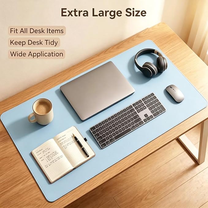 27.5 X 42 Inch XL Desk Mat Desktop Protector Non-Slip PU Leather Desk Pad Blotter Laptop Computer Keyboard Mouse Pad Writing Mat Table Cover for Women Men Rctangular Waterproof Blue
