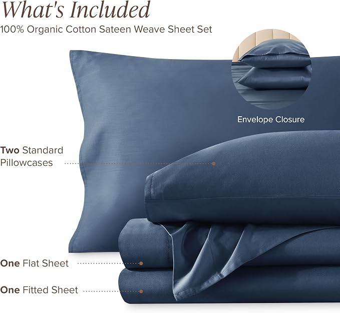 Bare Home 100% Organic Cotton Queen Sheet Set - 400 Thread Count - Smooth Sateen Weave - Breathable & Cooling - Hotel Luxury Set - Deep Pocket Bed Sheets (Queen, Bering Sea)