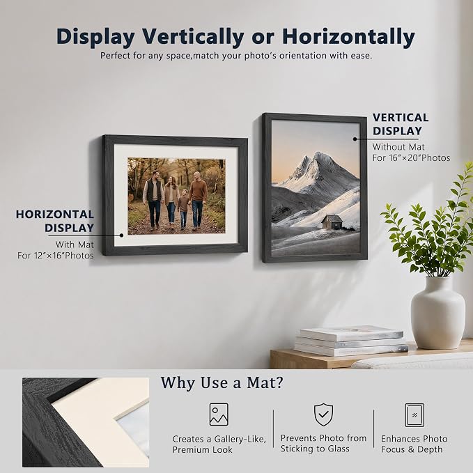 VCK 16x20 Picture Frames Black - 3 Pack, Wide Border Solid Wood, Tempered Glass, Display 12x16 Photo with Mat or 16 x 20 Without, for Home, Office, Gallery, Woodgrain Series, Wall Hanging