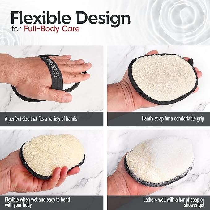 Almooni Natural Exfoliating Loofah for Men, Lightly Abrasive Egyptian Loofah Body Scrubber for Men, Dual-Sided with Cotton Back, Hand Strap, Black, 2-Count
