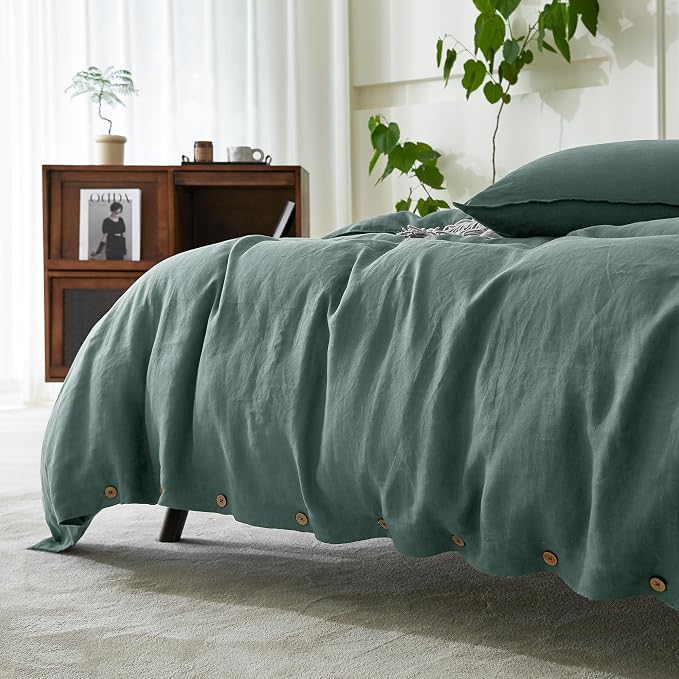 EVERLY 100% Pure Linen Duvet Cover Set King Size 104X90Inch 3pcs (1 Duvet Cover,2 Pillowcases) Soft and Breathable for All Season with Coconut Button Closure, Suitable for Hot Sleepers-Aqua-King