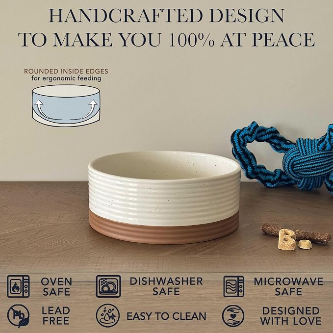 Mora Ceramic Pet Bowl - Large Food/Water Dish for Large Dogs, Cats, Great Dane, Mastiff - 50oz or 8 Cups - Basic Bowls - Vanilla White