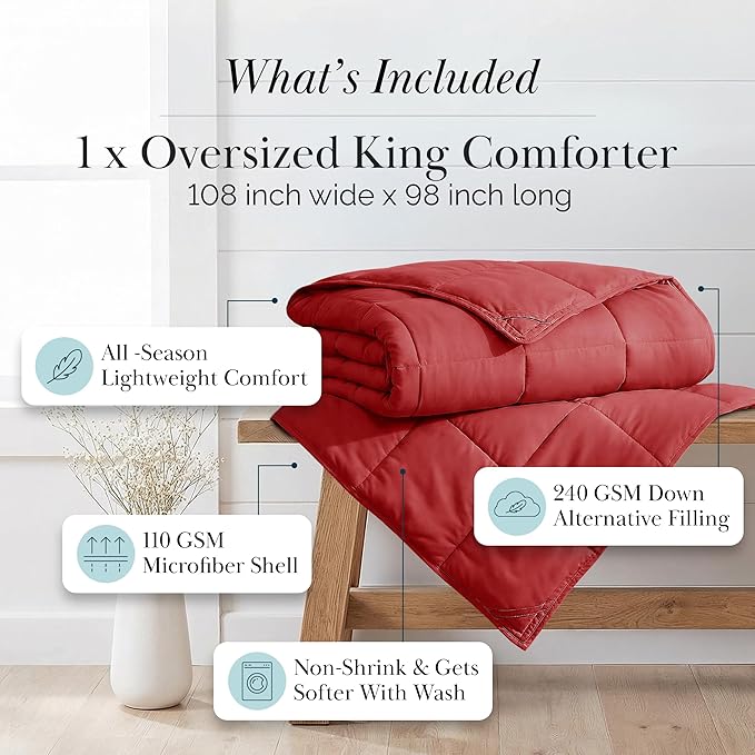 Southshore Fine Living, Inc. California King Size Comforter, Pet Hair Resistant Bedding Comforters, Oversized Down-Alternative Red Comforter, King Size Bedding for Vacation Homes, Chili Pepper