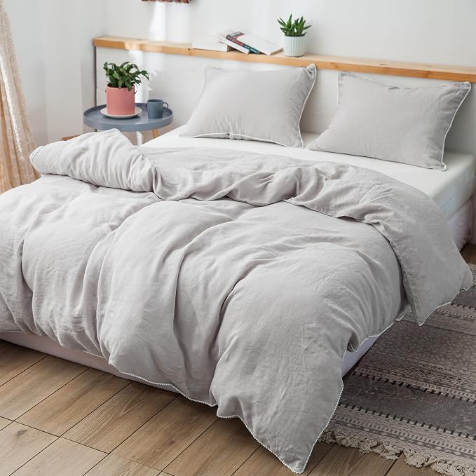 Simple&Opulence 100% Washed Linen Duvet Cover with Pom Pom Trim, Natural French Flax Bedding Set Soft Breathable,1 Farmhouse Boho Comforter Cover and 2 Pillow Shams(Queen,Natural Linen)