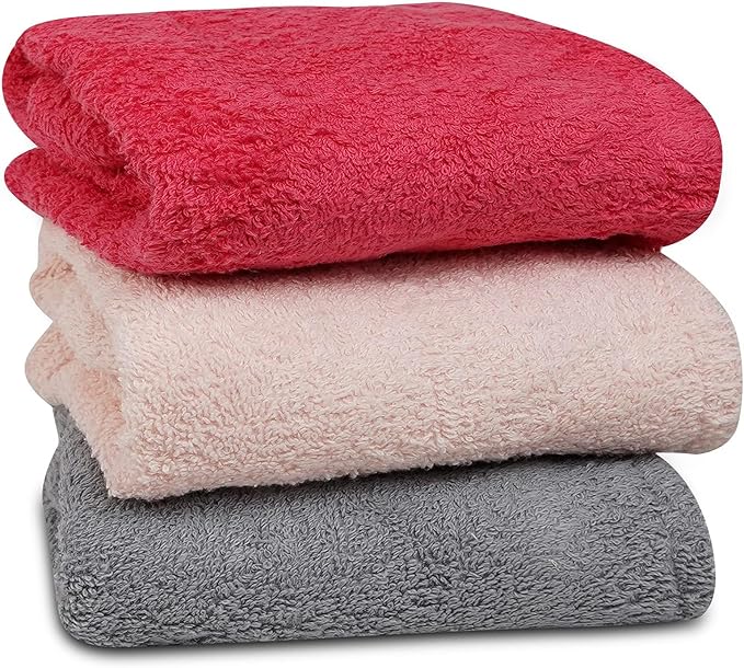 Textila 100% Cotton Hair Wrap Towels for Women, (Pack of 3 - Raspberry, Pink & Grey) Head Towel Cap, Cotton Hair Turban Towel Wrap for Long Curly Anti Frizz Hair, Soft and Absorbent Cotton Hair Towels