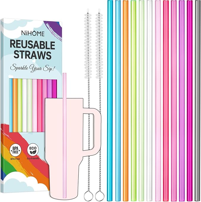 NiHome 12-Pack Plastic Reusable Drinking Straws Fit for Stanley 40 oz 30oz 64 oz Tumbler, 12 Colors 12 In Reusable Straws Fit for Stanley Cups, 2 Brushes, BPA-Free for Cold & Hot Drinks (12 Colors)