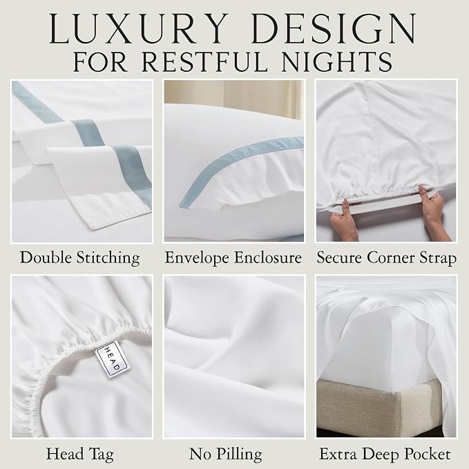KARISSA MAE Pure Viscose from Bamboo King Size Pillowcase Set | 100% FSC Certified | Luxuriously Soft | Cooling | [Signature Frame Coastal Blue]