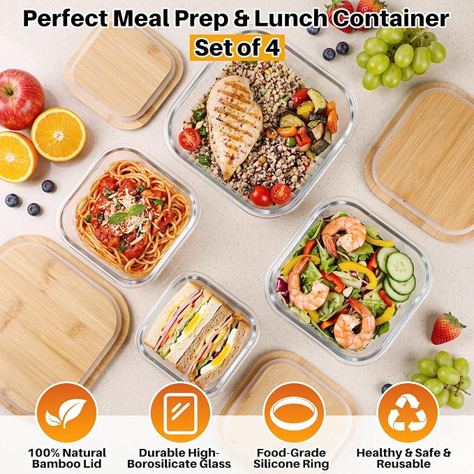 Blushtier 4 Pack 41/27/ 18/11 oz Borosilicate Glass Food Containers with Bamboo Lids, Stackable Glass Bowls for Meal Prep & Lunch, Microwave, Freezer and Dishwasher Safe