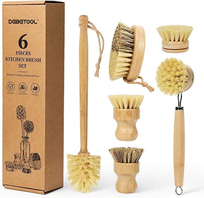 DEBETOOL 6-Piece Bamboo Dish Brush Set - Natural Dish Scrubber with Bottle & Vegetable Brush, Palm & Sisal Bristles, Wooden Dish Brushes for Kitchen Cleaning Pots, Pans, Bottles, Vegetables