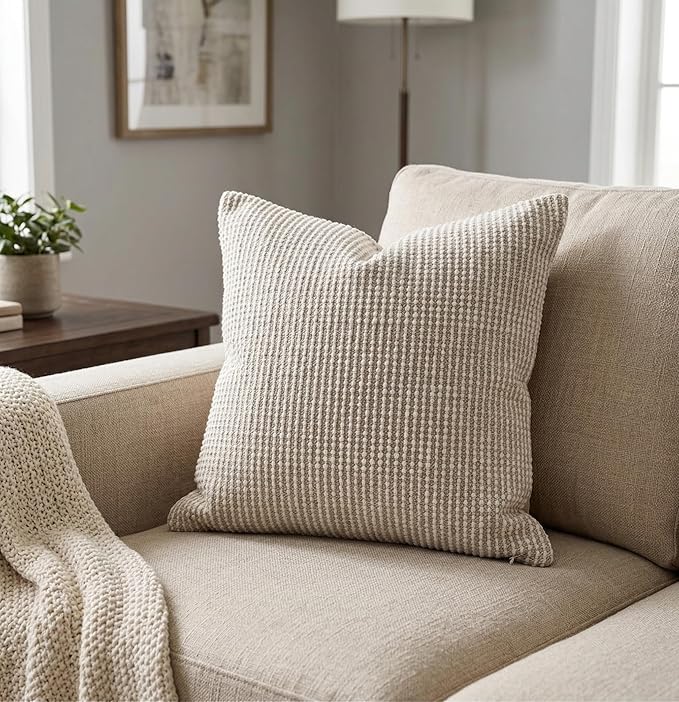 SanVia Cotton Throw Pillow Covers 20x20 – Handwoven Jacquard Texture, Fade-Resistant, No Pilling – Hidden Zipper, Decorative Cushion Cover for Sofa, Couch, Bed – Insert Not Included (Striped, Beige)
