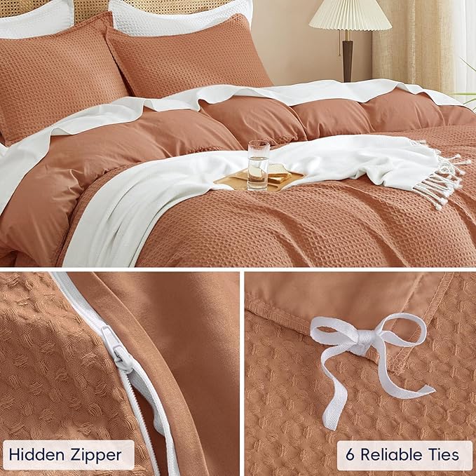 PHF Waffle Duvet Cover Set California King, No Snagging Ultra Soft Luxury Textured Breathable Comforter Cover for All Season 3pcs, Durable Bedding Duvet Set with 2 Pillow Shams, 104"x98", Terra Cotta