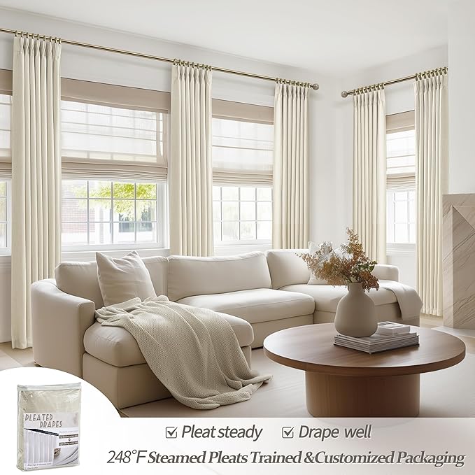 Cream Beige Floor to Length Tall Curtains & Drapes 108 Inches Long 2 Panels for Living Room, Lush Pinch Pleated Linen Blend Black Out Thermal Curtain for Sliding Glass Doors 40 x 108 Inch 2 Layer Burg