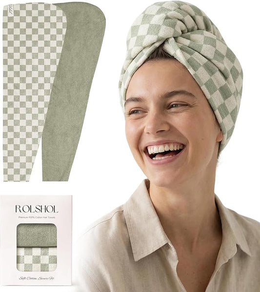 ROLSHOL Cotton Hair Towel Wrap for Women, 2 Pack 100% Cotton Hair Drying Towels for Long, Thick & Curly Hair, 32" x 11" Large Hair Turban for Wet Hair with Elastic Band (Green)