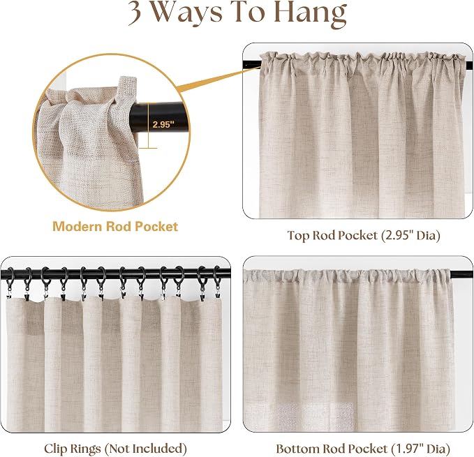 48 Inch Linen Small Window Curtains 2 Panels for Bedroom Bathroom Rod Pocket Privacy Semi Sheer Light Filtering Window Treatments Light Coffee Tan Beige Farmhouse Rustic Door Curtain W34xL48
