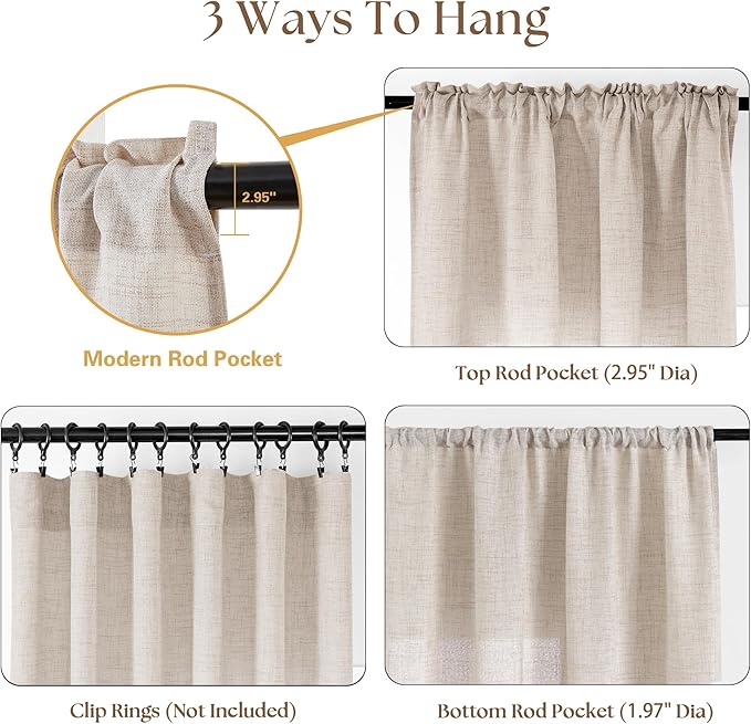 36 Inch Bathroom Window Curtain Privacy Semi Sheer Light Filtering Curtains Linen Light Coffee Tan Beige Non See Through Curtains for Bedroom Laundry RV Rod Pocket W34xL36