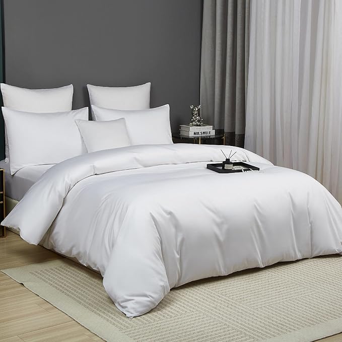White Cotton Duvet Cover Set Twin 100% Long-Staple Cotton Sateen Bedding Set, Soft Breathable Smooth Organic Pure Cotton Plain Comforter Cover, Luxury Minimalist Bedroom Decor for All Season