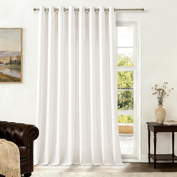 Linen Curtains Extra Wide 100 Inch Beige White Room Divider Semi Sheer 96 Inch Length Patio Sliding Door Curtains Large Window Curtains Grommet Privacy Farmhouse Curtains for Bedroom 1 Panel