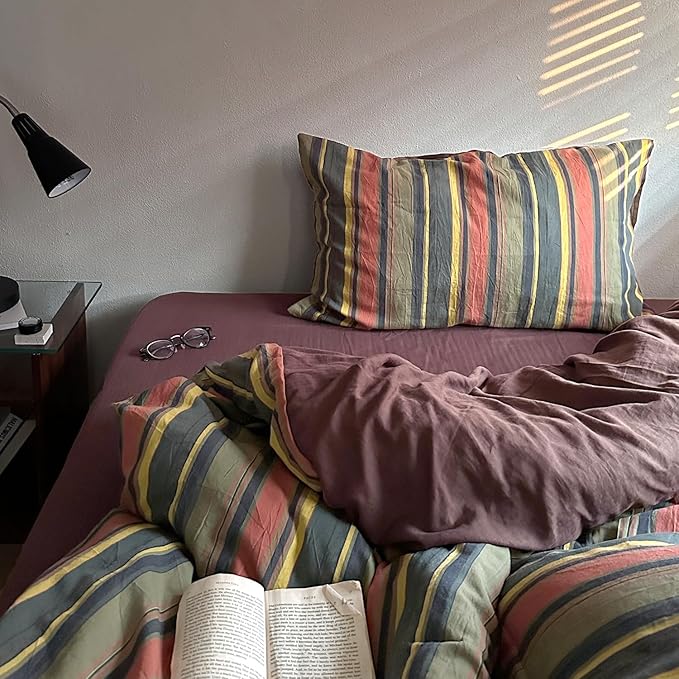 mixinni Vintage Striped Duvet Cover Set Twin XL Size - 3 Piece 100% Washed Cotton Bedding Set, Soft & Breathable,Colorful Striped Pattern Printed Comforter Cover for All Seasons