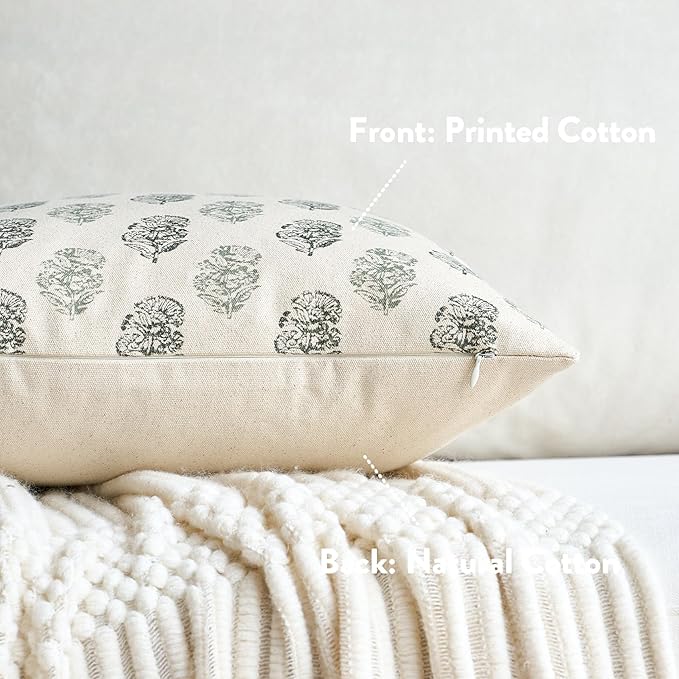 FIOUOVO Floral Vintage Throw Pillow Covers 24x24 Pillow Cover Block Print Decorative Cushion Covers Farmhouse Neutral Accent Home Décor for Sofa Couch Living Room Bedroom, 1PC, Olive Green