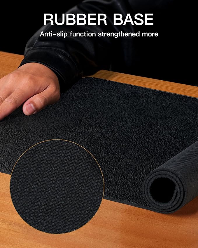 YSAGi Genuine Leather Desk Mat, 23.6"x13.8" Office Desk Pad, Thick Desk Pad Mat with Stitched Line, Non-Slip Desk Mat with Rubber Base (Black, 23.6"x13.8")