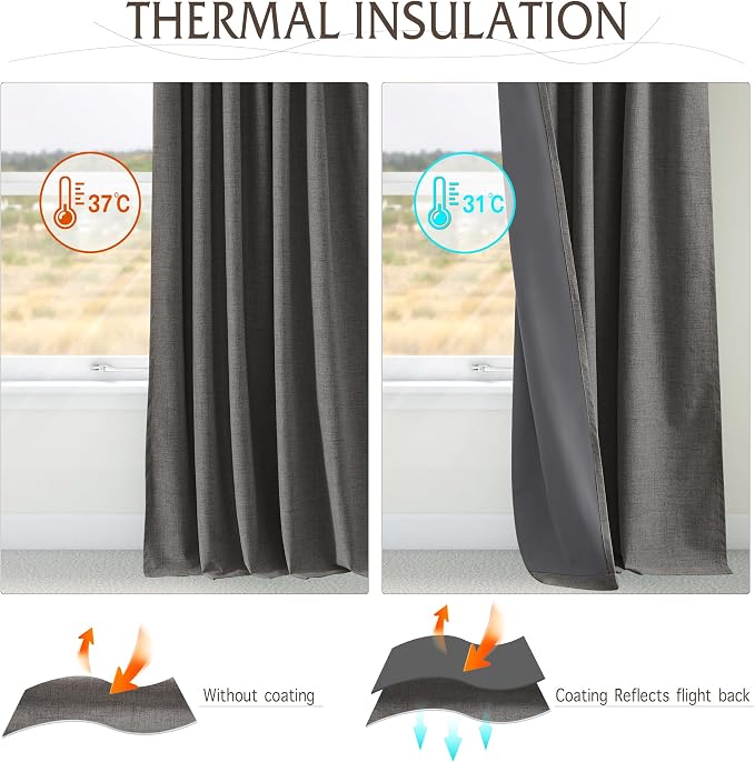 RYB HOME Pinch Pleated Back Tab Curtains Linen Textured 100% Blackout Curtains Thermal Insulated for Bedroom Living Room Bay Window Drapes, W 42 x L 90 inches, Grey, 2 Panels