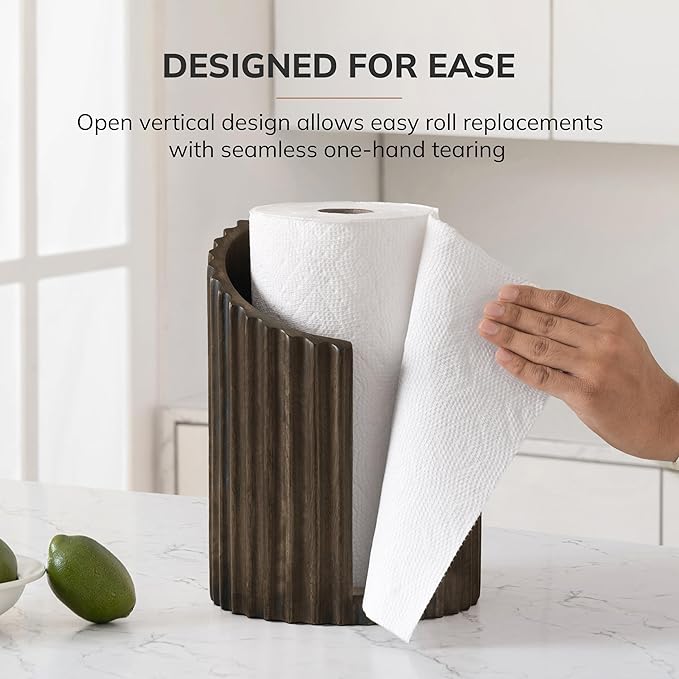 Anji Mountain Wooden Paper Towel Holder Countertop with Mango Wood Round Base and Iron Holder, Holder Stand for Kitchen Roll Organizer & Kitchen Dining Table Home Decor - Chocolate/Black, Fluted